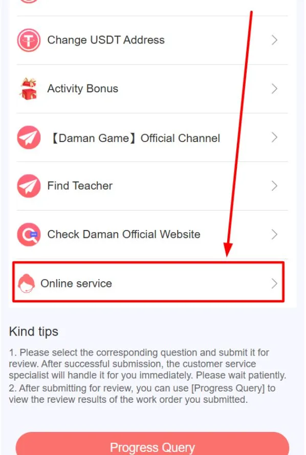 Scrolling to Online Service option